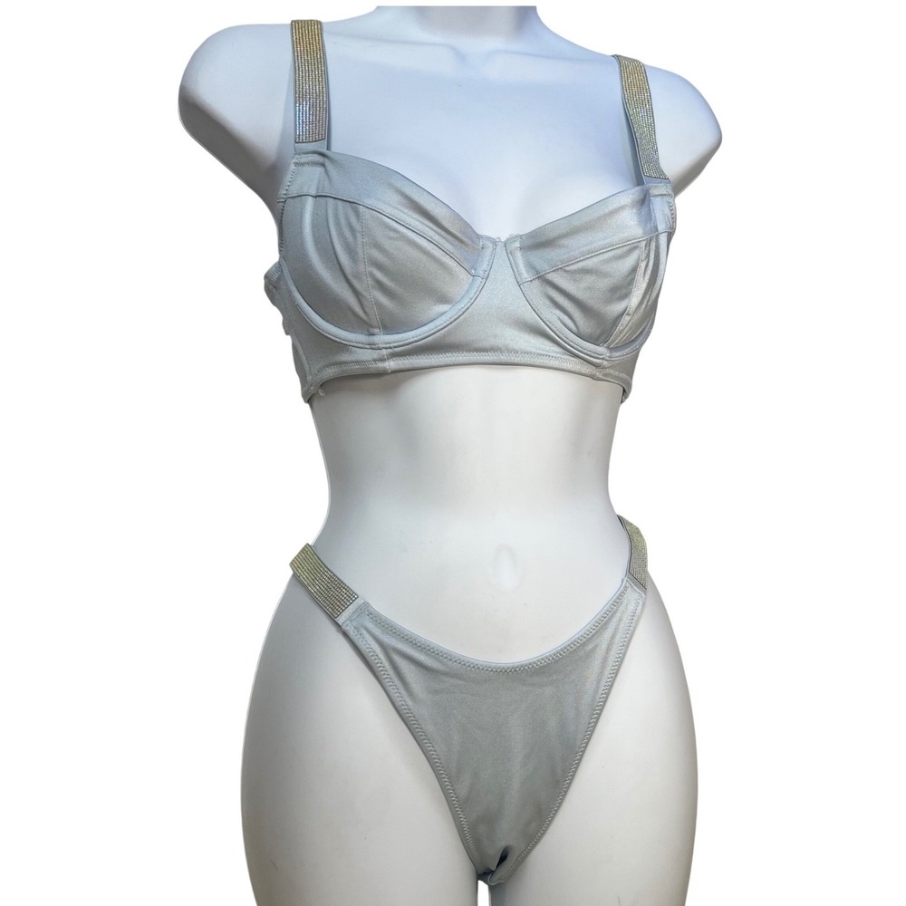 Victoria's Secret‎ icy Blue Rhinestone Brazilian Bikini Set Corset Bombshell 34B